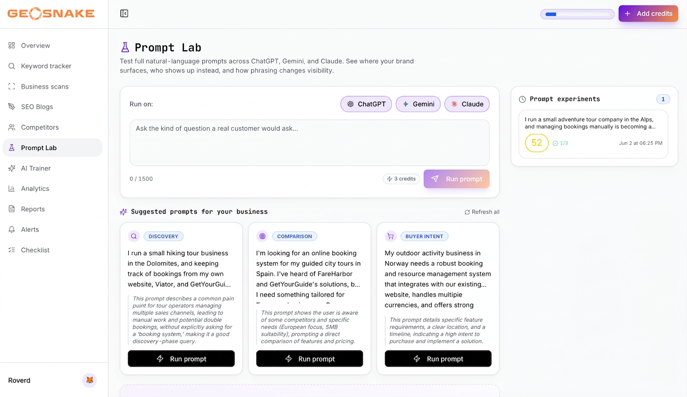 GEOSnitch Prompt Lab with model selectors and suggested prompts